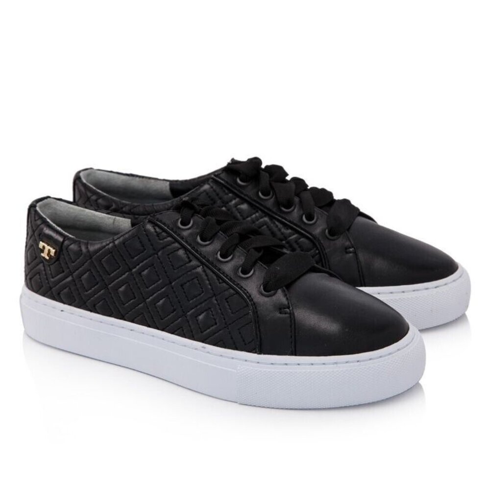 Tory Burch Marion Quilted Lace-Up Sneakers Black Size 7.5